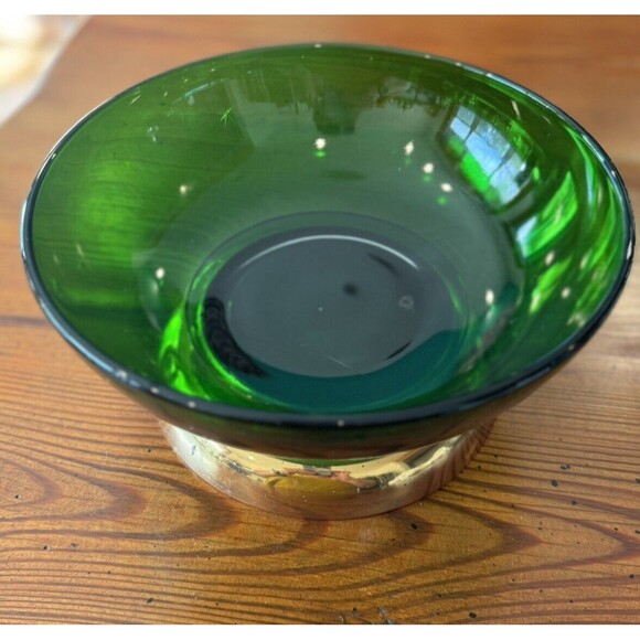 Paden City MCM Atomic Emerald Glo Green 9.25" Serving Bowl With Brass Base - Picture 10 of 14